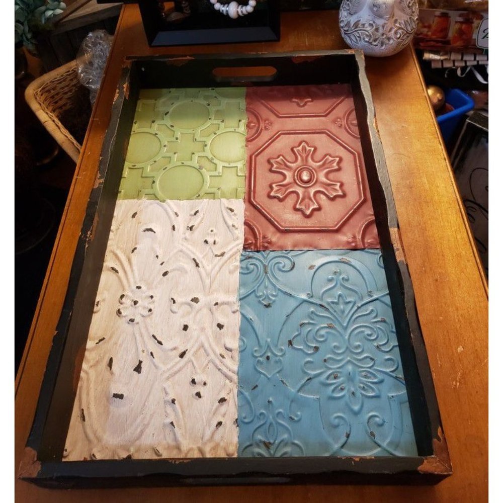 Large and Very Rustic Distressed Wood Tray With Metal Bottom